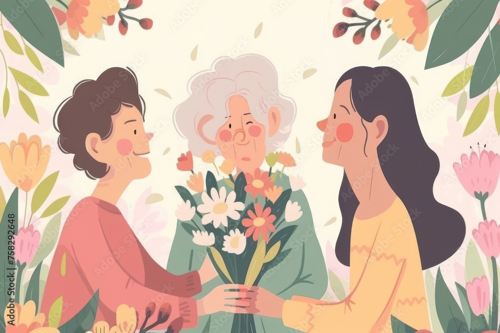 Three women are holding flowers and smiling at each other. Mother's day concept Three women are holding flowers and smiling at each other. Mother's day concept