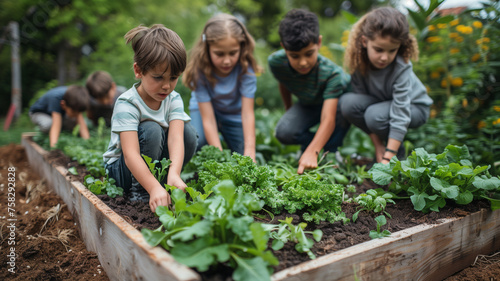 Children gardening in a raised bed with vegetable and herb plants in a 3/4 side view in a horizontal layout, in an Educational outdoor-themed, photorealistic illustration in JPG. Generative ai