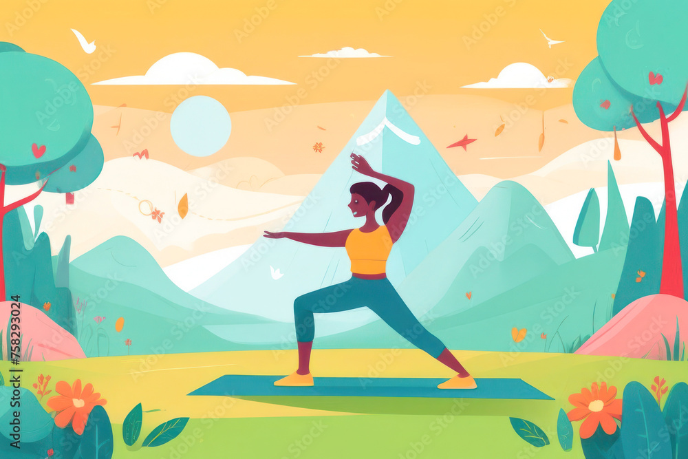 The girl is doing yoga against the background of nature. Illustration for Yoga Day. Copy Space.