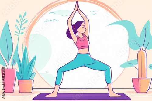 The girl makes yoga against the background of the house. Illustration for Yoga Day. Space Fo Text.