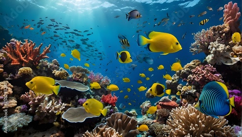 This image showcases a vibrant underwater ecosystem with diverse fish species and corals, illuminated by sunlight filtering through clear blue water

