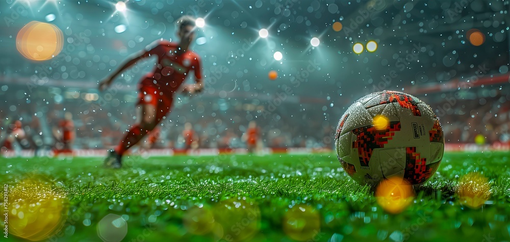 Soccer Ball Resting Majestically on Vibrant Green Pitch Soccer Ball Resting Majestically on Vibrant Green Pitch