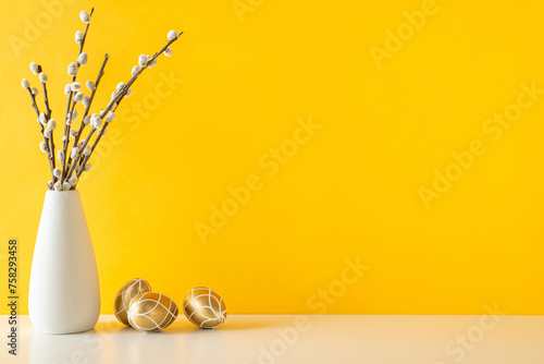Fotografija Easter-themed modern kitchen look, presenting side view table with golden eggs,