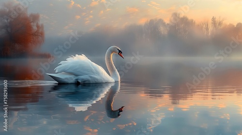 Graceful White Swan with long feathers glides serenely across the calm surface of a lake. © Greg Kelton
