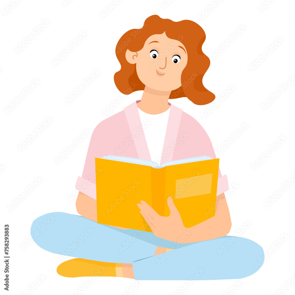 Cute young flat woman with red hair sitting and reading a book Cute young flat woman with red hair sitting and reading a book