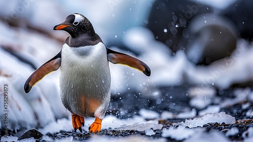 Stately Gentoo Penguin Strides Across A Pebbled Beach  Snowflakes Speckling Its Sleek Feathers