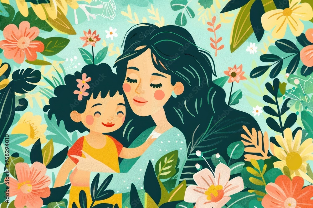 Illustration of a woman is holding a child. The scene is peaceful and happy. Mother's day concept Illustration of a woman is holding a child. The scene is peaceful and happy. Mother's day concept