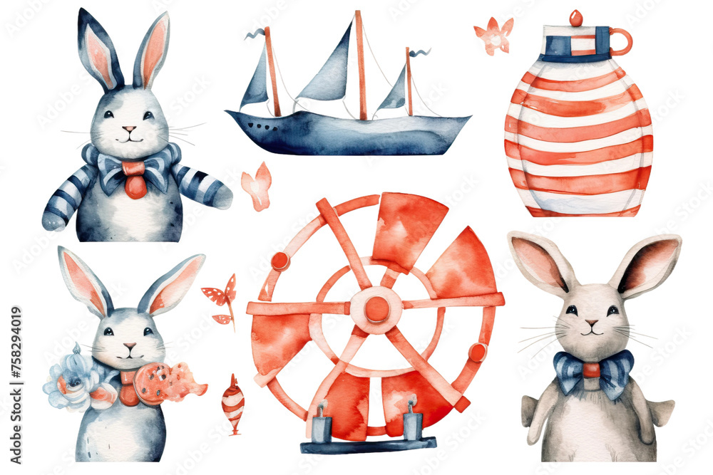sailor lifebuoy illustration aquarelle vector nautical cute seaman elements cartoon rabbit marine baby nursery wave character anchor animal collection set watercolor childish lighthouse fish