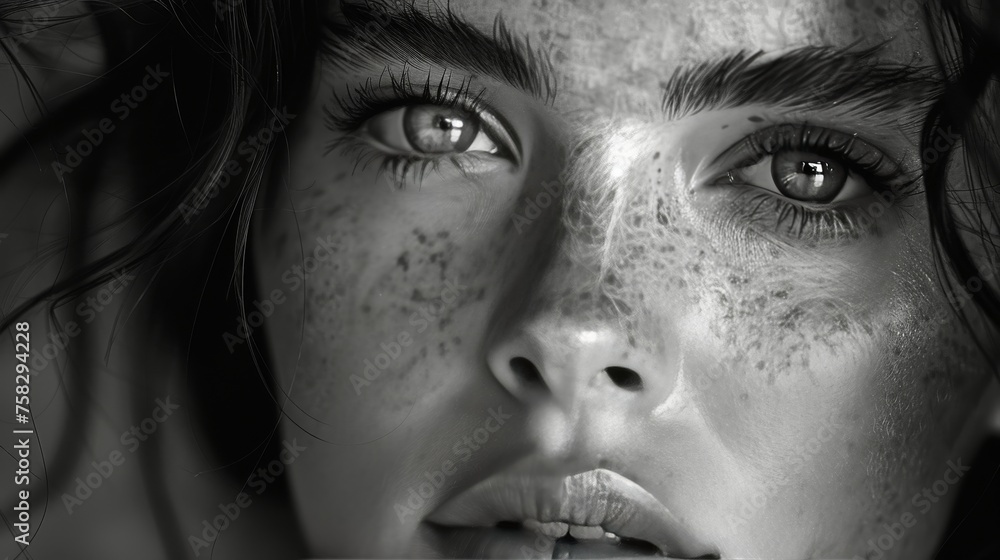 Obraz premium Close Up of a Woman With Freckles on Her Face
