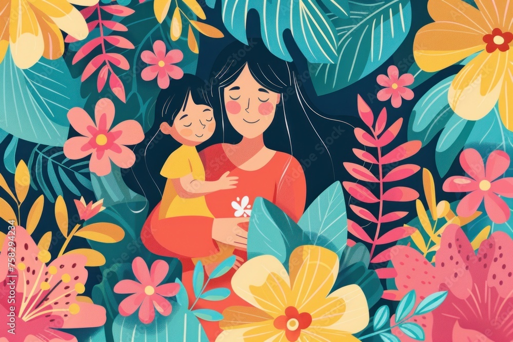 Illustration of a woman is holding a child in a lush green forest. Concept of warmth and love between the mother and child. Mother's day concept
