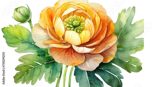watercolor flower decoration design, PNG yellow flowers with leaves photo