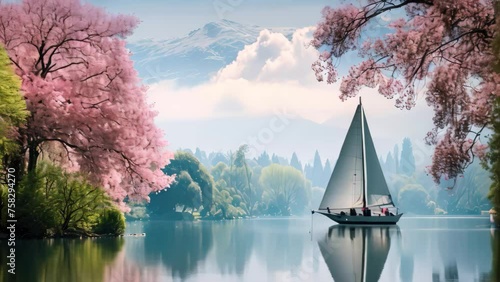 Sailing boat on the lake with cherry blossoms in spring. a serene lake with trees and plants in spring colors, mountains in the background, mist and fog, a small sail boat on the lake, AI Generated photo
