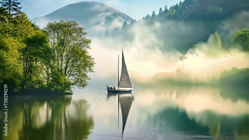Sailing boat on the lake in the morning mist. Beautiful landscape. a serene lake with trees and plants in spring colors, mountains in the background, a small sail boat on the lake, AI Generated photo