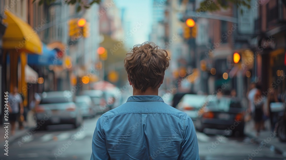 Man Walking Down Street Beside Tall Buildings Man Walking Down Street Beside Tall Buildings