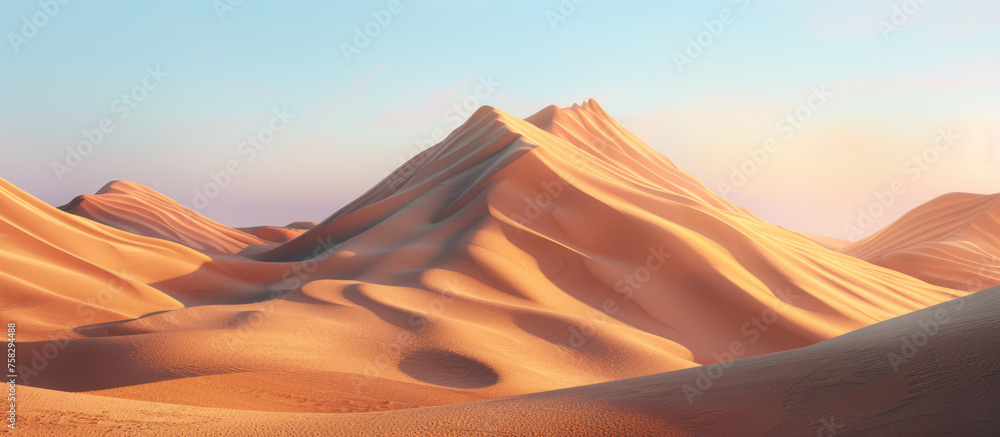 A calming scene of serene desert dunes under a soft gradient of sunrise colors, invoking a peaceful solitude