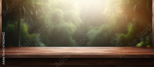 Empty wooden table background with window room interior decoration for showcasing or montaging your products.