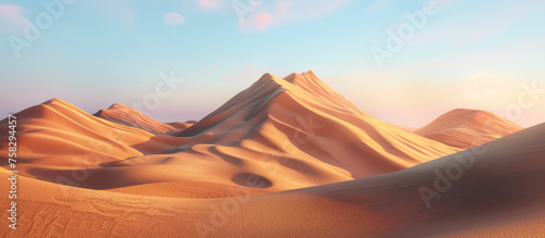 The golden hour light casting a warm glow upon textured desert hills  creating depth and shadow