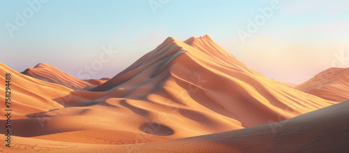 A calming scene of serene desert dunes under a soft gradient of sunrise colors, invoking a peaceful solitude