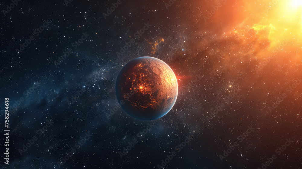 A stunning visual of a vibrant, orange planet set against the backdrop of a star-filled cosmic scene, radiating a fiery glow near a sun