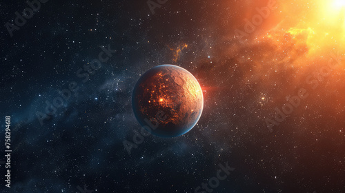 A stunning visual of a vibrant  orange planet set against the backdrop of a star-filled cosmic scene  radiating a fiery glow near a sun