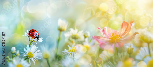 Ladybug perched atop a delicate white flower among a field of blooming flora, accented by soft, bokeh light