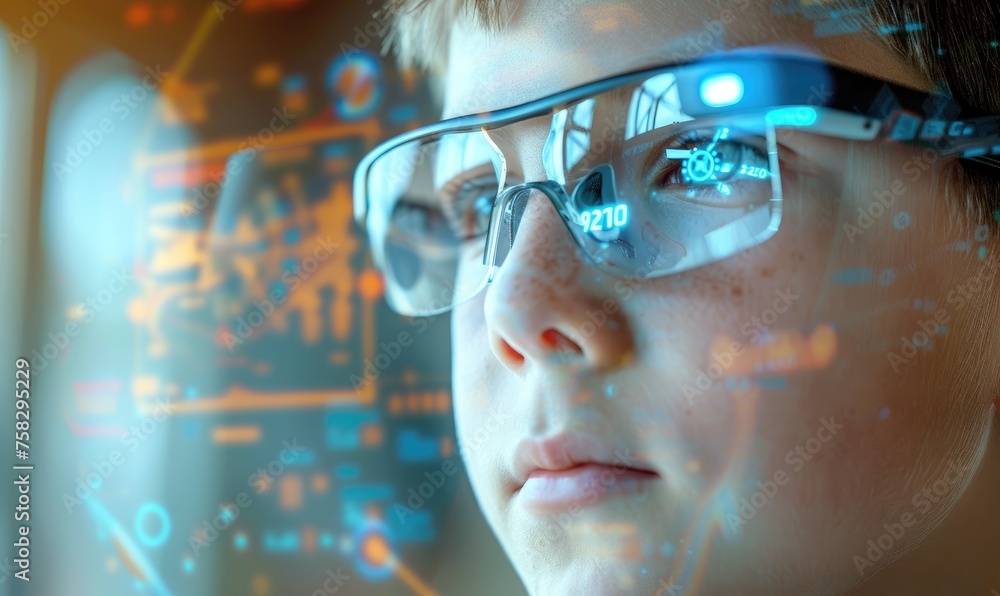 A face of a boy wearing smart glasses A face of a boy wearing smart glasses
