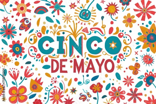 "CINCO DE MAYO" in colorful lettering on top of an intricate Mexican pattern. The design includes traditional symbols like boho flowers, geometric shapes, or Aztec motifs around it Generative Ai