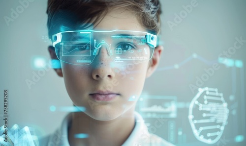 A face of a boy wearing smart glasses photo