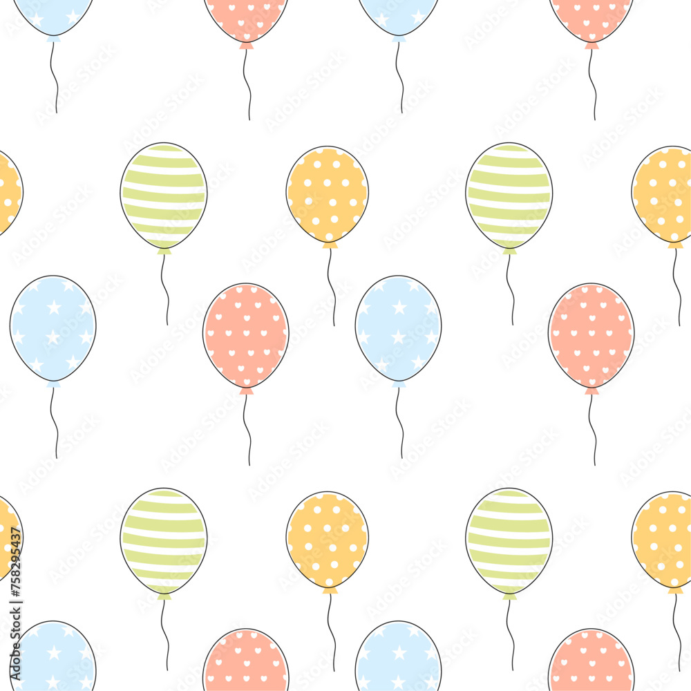 Seamless pattern with party balloons of different colors and ornaments. Vector pattern balloons on white background, flat style.