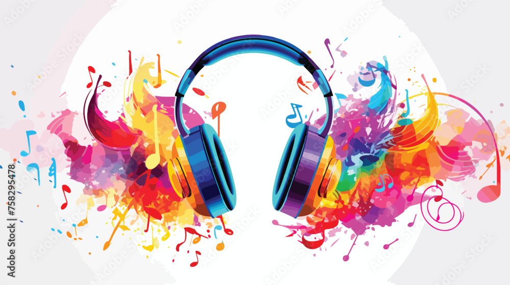 A vibrant pattern of musical notes and headphones f - obrazy, fototapety, plakaty 