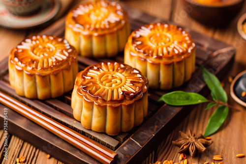 Traditional Chinese  dessert. Homemade baked mooncakes filled with nuts and dried fruits, Chinese Mid-Autumn Festival food.