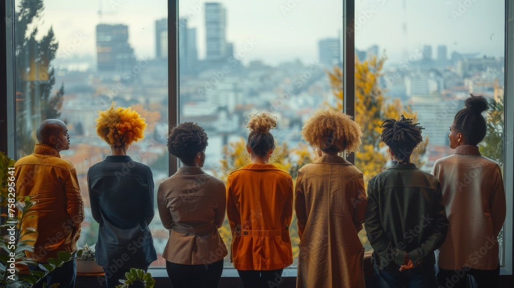 Group of People Standing in Front of Window - obrazy, fototapety, plakaty 