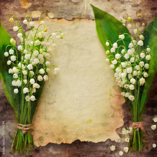 Lilies of the valley surrounding an old, yellowed sheet of paper. Romantic, spring, floral background with space for text