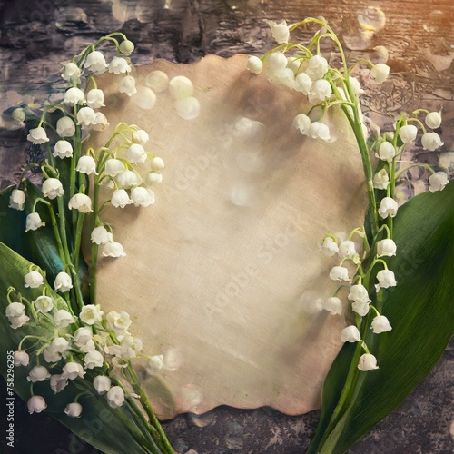 Konwalie otaczające starą, pożółkłą kartkę papieru. Romantyczne, wiosenne, kwiatowe tło z miejscem na tekst