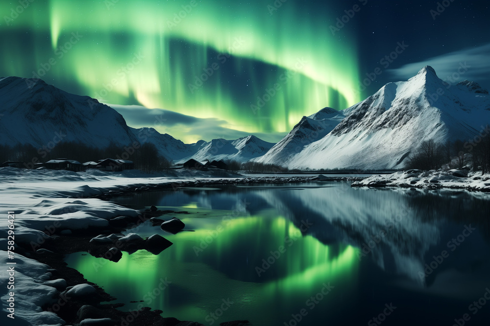  A breathtaking view of the Northern Lights over snow-covered mountains, with vibrant green lights dancing in the sky above an icy river. Generative AI