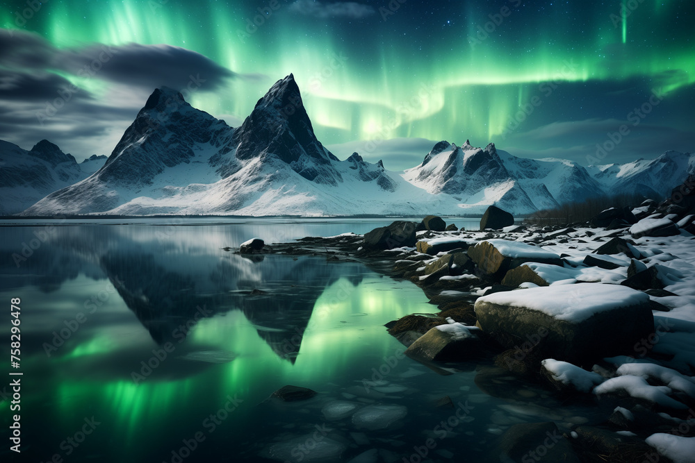 A breathtaking view of the Northern Lights over snow-covered mountains, reflected in crystal clear waters, creating an otherworldly landscape. Generative AI