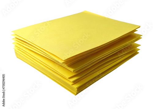 Stack of yellow paper sheets isolated on transparent background.