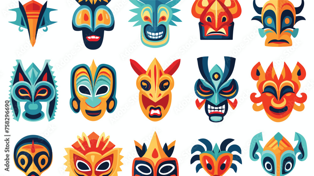 A vibrant pattern of traditional masks from differe