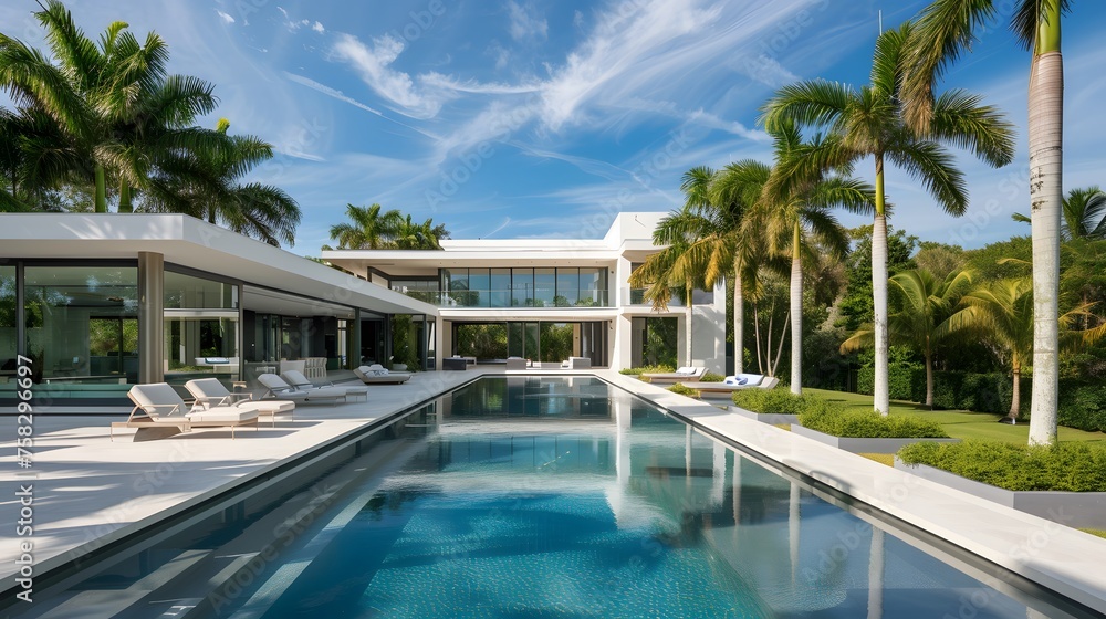 Exterior of amazing modern minimalist cubic villa with large swimming pool among palm trees. 