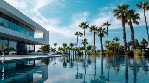 Exterior of amazing modern minimalist cubic villa with large swimming pool among palm trees. 