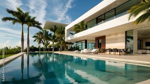 Exterior of amazing modern minimalist cubic villa with large swimming pool among palm trees.  © Ziyan Yang