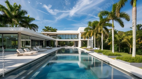 Exterior of amazing modern minimalist cubic villa with large swimming pool among palm trees.  © Ziyan Yang