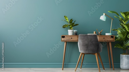 Home workplace with wooden drawer writing desk and grey fabric chair near turquoise wall with copy space. Interior design of modern scandinavian home office. photo