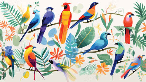 A vibrant pattern of tropical birds with colorful f