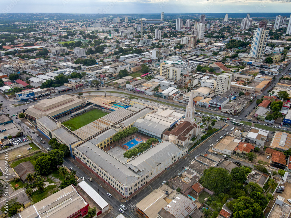 Naklejka premium Aerial city scape central church in summer in Cuiaba Mato Grosso
