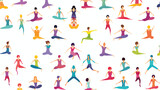A vibrant pattern of yoga poses in different colors