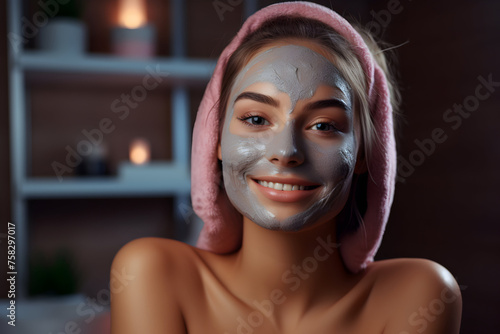a woman with a grey cosmetology mask. spa and relax