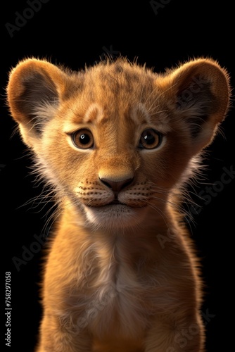 Portrait of a lion cub isolated on a black background