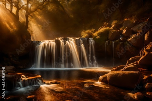 A magical scene of a waterfall illuminated by the golden light of sunrise  casting a warm glow over the surrounding landscape