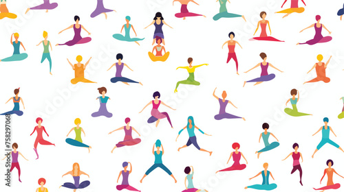 A vibrant pattern of yoga poses in different colors
